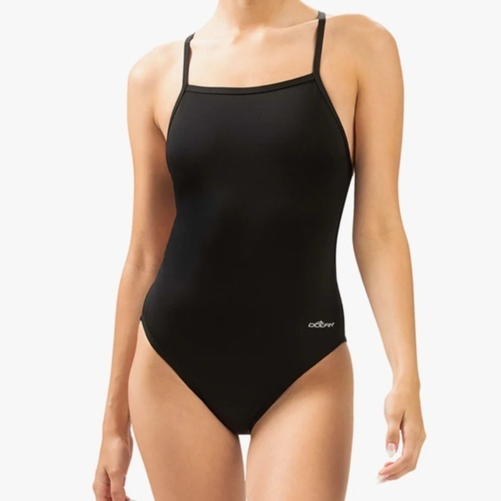 New Dolfin Women’s Black Solid Tie Back One Piece Swimsuit Size 38
